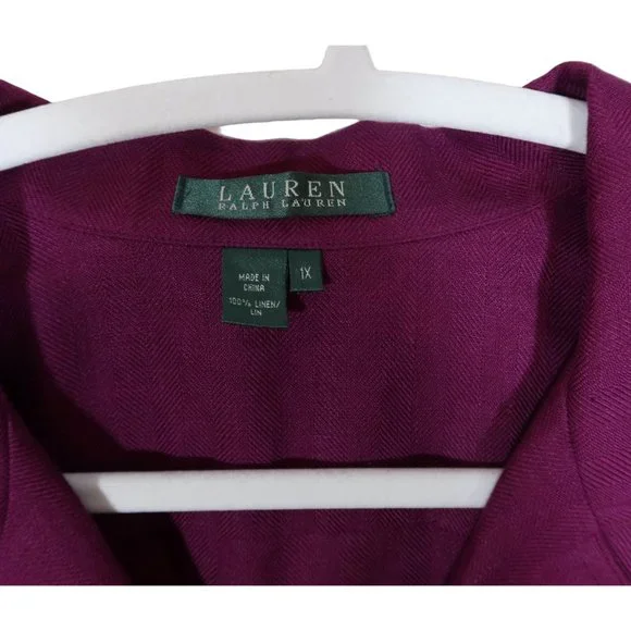 LAUREN RALPH LAUREN 100% Linen Button Up 3/4 Sleeve Blouse Size 1X Purple - Picture 5 of 5